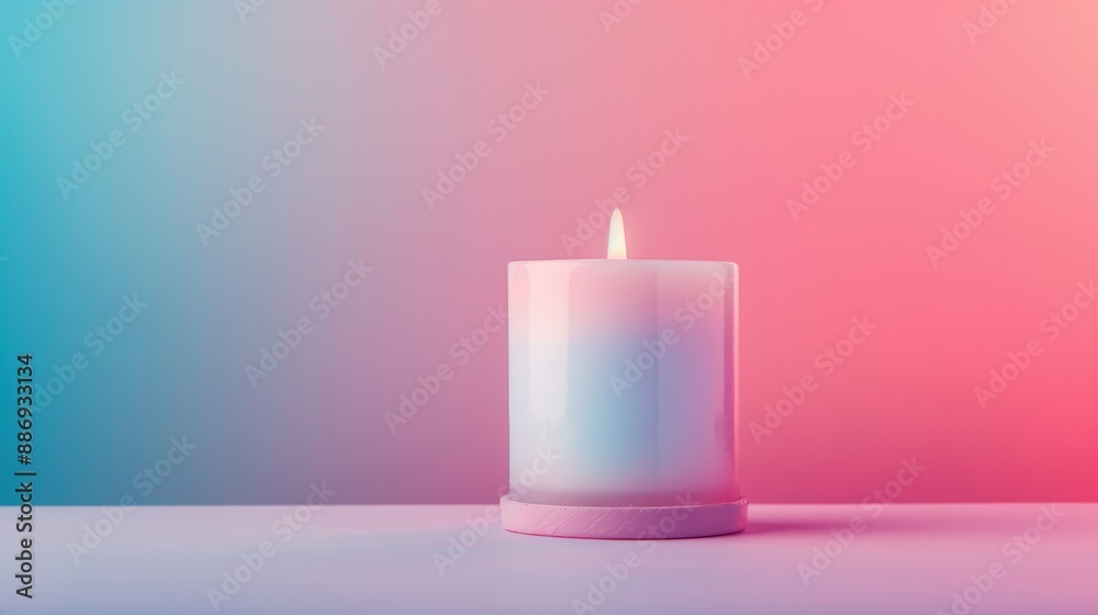 A white candle atop a table, adjacent to a vaguely defined wall in shades of blue, pink, and white A white candle atop a table, adjacent to a vaguely defined wall in shades of blue, pink, and white