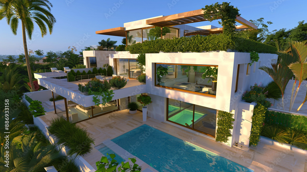 Fototapeta premium Modern villa boasting a rooftop terrace and luxurious pool area.