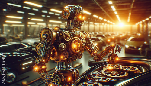 Robot made of gears and working engineers in car production, gold color