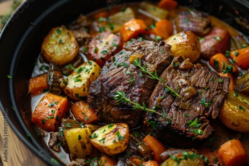 Pot roast with vegetables suspended in space