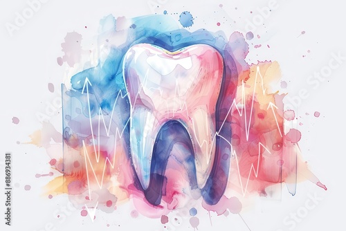 A watercolor illustration of a tooth with colorful abstract background. Perfect for dental care or healthcare related content.
