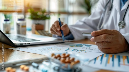 Doctor reviewing medical charts and data at desk with laptop, pills, and stethoscope.