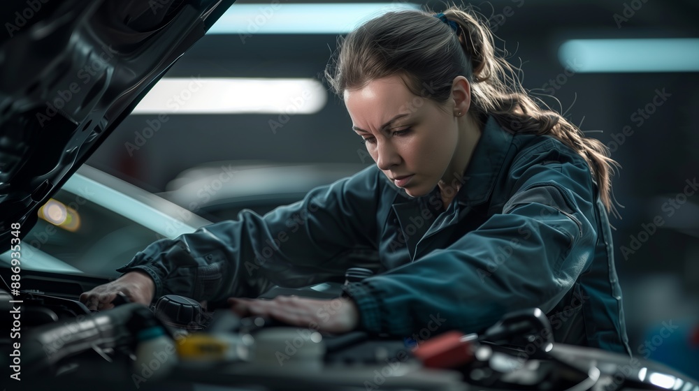 A woman mechanic who is repairing a modern car with the hood open in a professional, clean, organized and bright garage. A woman mechanic who is repairing a modern car with the hood open in a professional, clean, organized and bright garage.