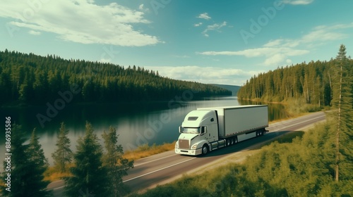 Wallpaper Mural Big white semi truck driving on a road near lake. Semi truck transporting commercial cargo in refrigerated semi trailer down road with a green trees near lake Torontodigital.ca