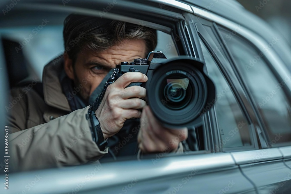 Private detective conducting surveillance from inside a car, snapping photos with a sleek SLR camera. Private detective conducting surveillance from inside a car, snapping photos with a sleek SLR camera.