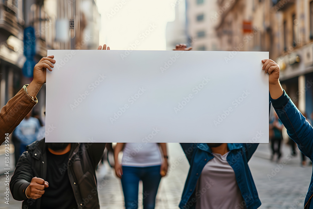 A young man holds white cardboard in a protest on the city street. A young man holds white cardboard in a protest on the city street.