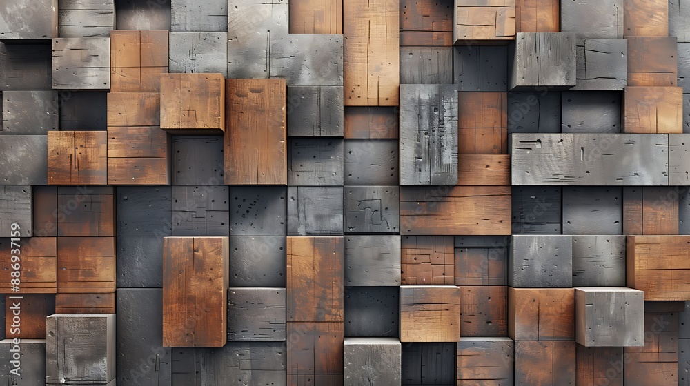 High-end block wall design with interlocking wooden and concrete blocks, creating a warm and industrial aesthetic with depth High-end block wall design with interlocking wooden and concrete blocks, creating a warm and industrial aesthetic with depth
