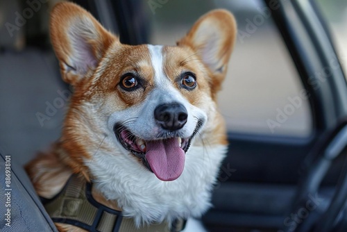 close-up photo of a happy dog sitting inside a car, with its tongue sticking out, wearing a harness for safety. photo