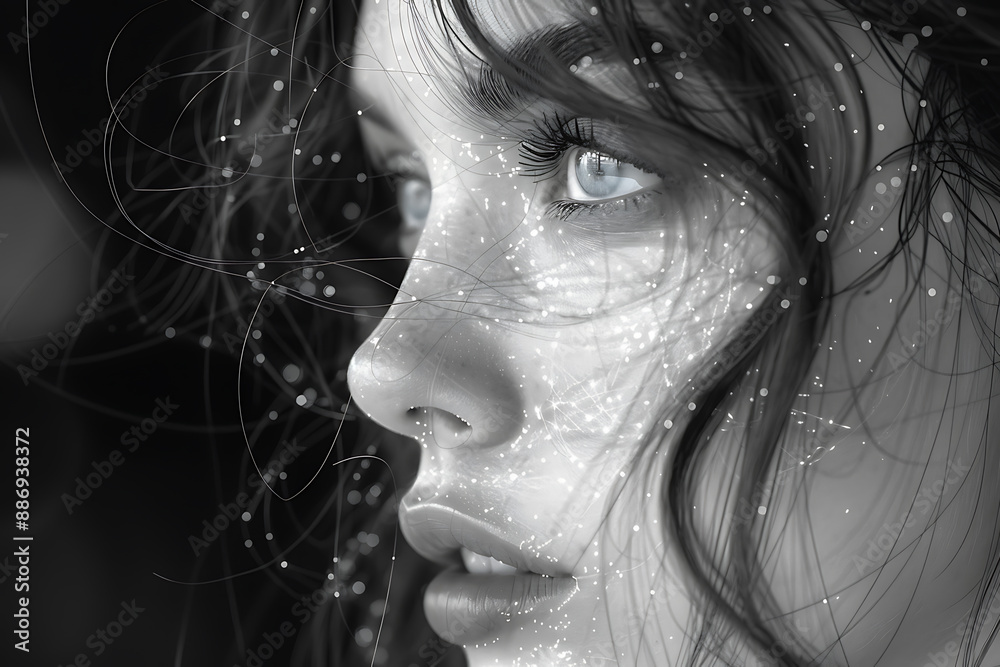 Fototapeta premium The girl's face is shown against the backdrop of a wireframe plexus, creating a striking visual contrast between her features and the geometric design