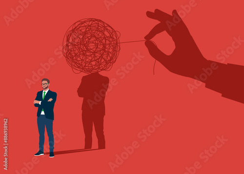 Businessman standing with chaos shadow.  Frustration concept. Mental health treatment or psychology support. Flat vector illustration.