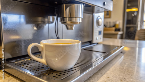 cup or mug under the coffee maker machine on kitchen