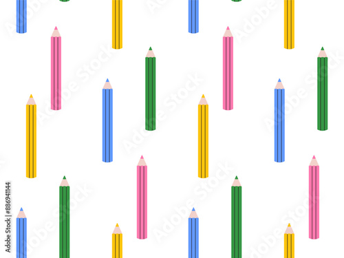 Seamless background with colored pencils. Bright pattern with stationery accessories for school
