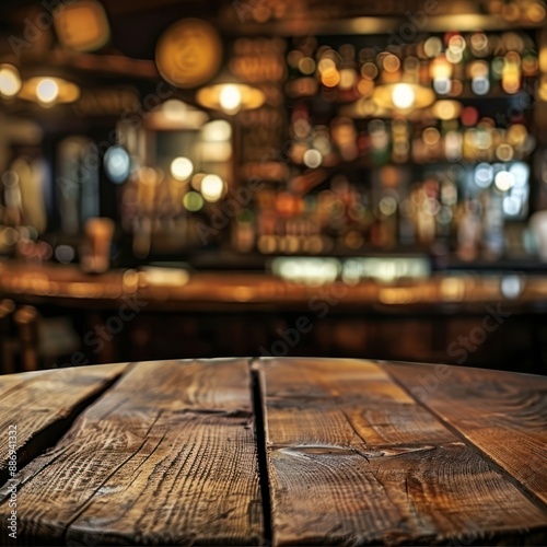 Wooden round table and pub or bar blur background Job ID: e72b49f2-360e-410a-9320-58a50fbe5c65