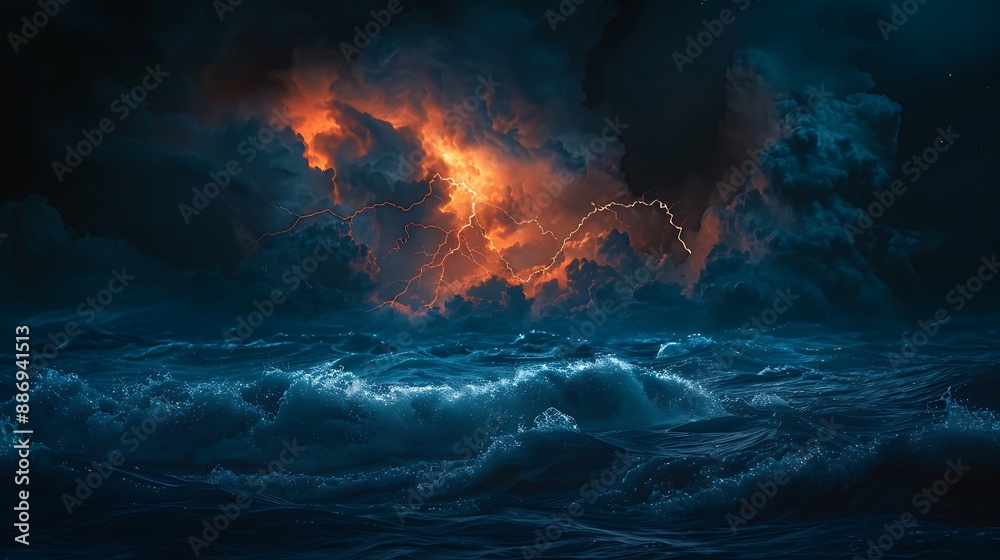 Fototapeta premium Minimalist dark ocean storm with bright orange lightning, angular waves under a steel blue night sky