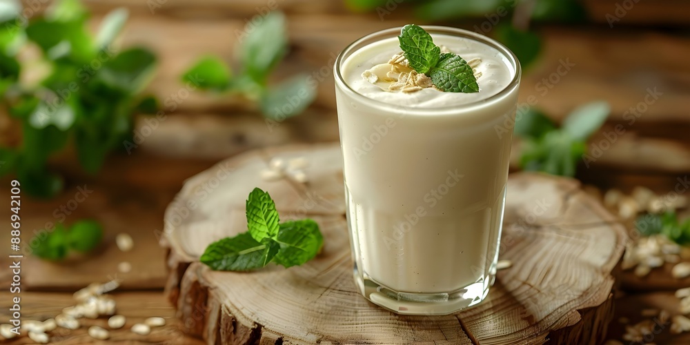 Banana yogurt shake in a latte glass with mint leaves on wood. Concept Food Photography, Fruit Drinks, Healthy Smoothies, Refreshing Beverages, Natural Ingredients Banana yogurt shake in a latte glass with mint leaves on wood. Concept Food Photography, Fruit Drinks, Healthy Smoothies, Refreshing Beverages, Natural Ingredients