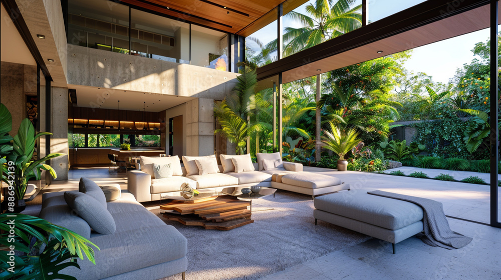 Fototapeta premium Modern villa with sophisticated architecture and lush garden views.