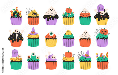 Cute Halloween cupcakes with eyes, spider, web, ghost, pumpkins, bones. Happy Halloween. Trick or treat. Vector illustration in flat style