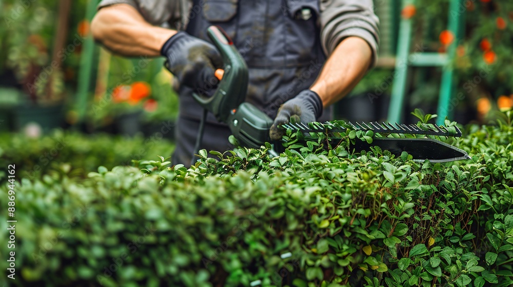 a gardener trims a hedge in a garden garden is lush and green gardener uses electric shears