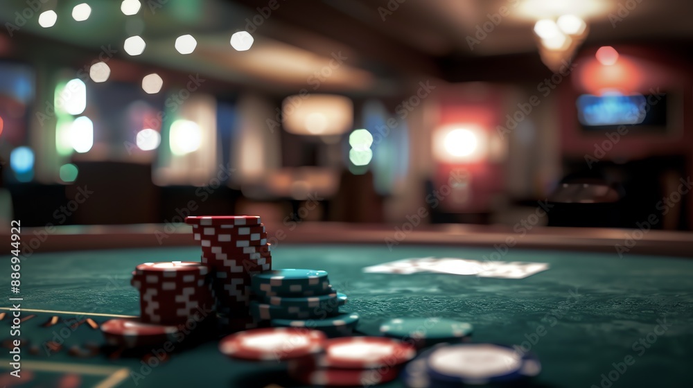 Image of a hall, for a poker game with blurred background, chips in the foreground close up Image of a hall, for a poker game with blurred background, chips in the foreground close up