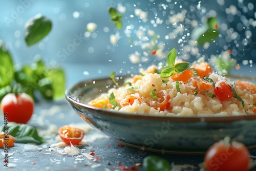 Risotto with creamy rice and toppings floating dynamically