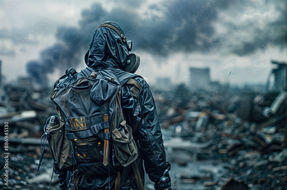 A man in overalls with a backpack wearing a gas mask, walking alone among a destroyed cityscape. A man in overalls with a backpack wearing a gas mask, walking alone among a destroyed cityscape.