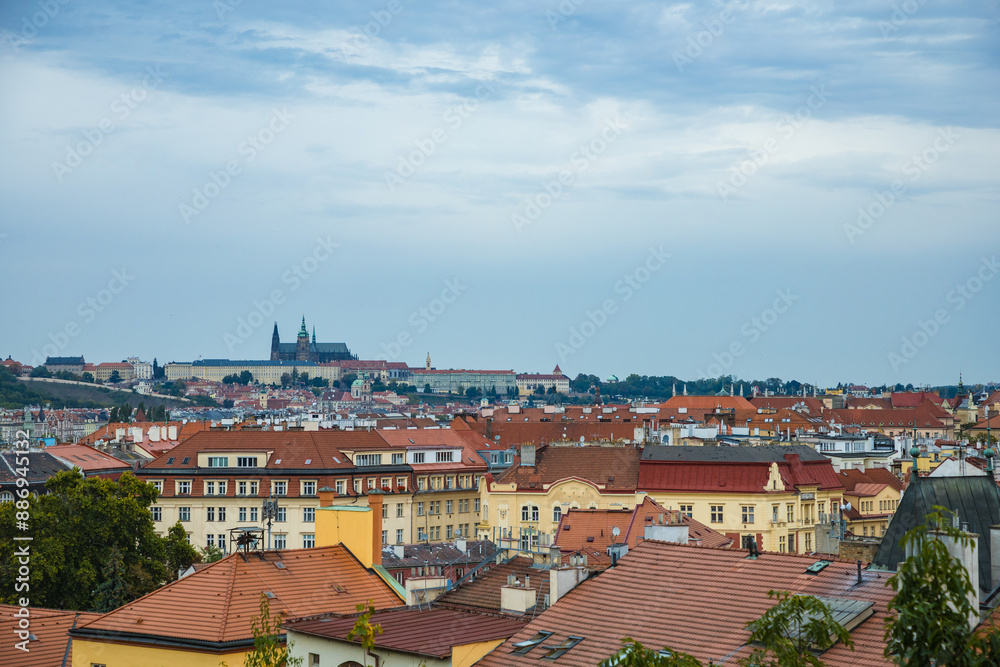 Obraz premium Overlooking the city landscape of Vyšehrad Cemetery Park, Prague, Czech Republic