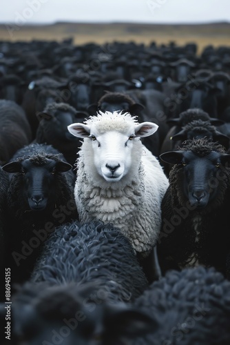 A single white sheep looks directly at the camera while standing amidst a flock of black sheep, illustrating the concept of standing out photo