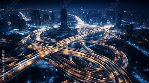 Expressway top view, Road traffic an important infrastructure, car traffic transportation above intersection road in city night, aerial view cityscape of advanced innovation, financial technology
