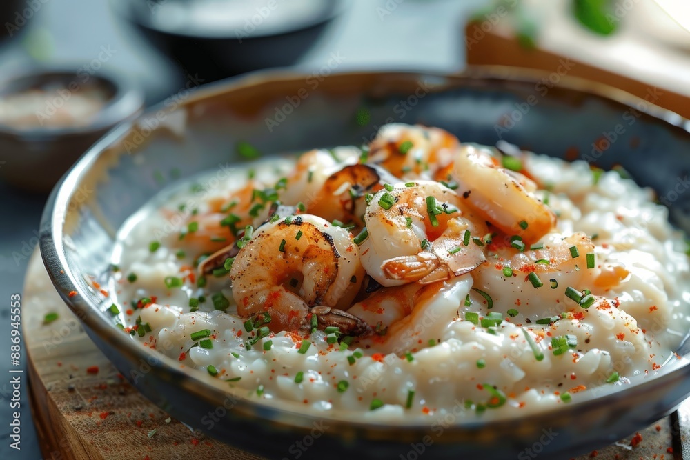 Risotto with creamy rice and toppings floating dynamically Risotto with creamy rice and toppings floating dynamically