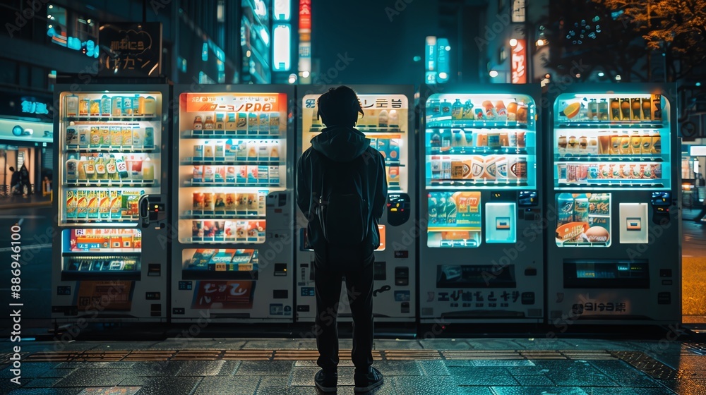 Naklejka premium Person standing before illuminated vending machines at night, urban setting, wide shot