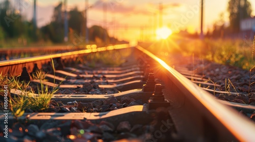  A tight shot of a sunset-backdropped train track, grass sprouting in the foreground