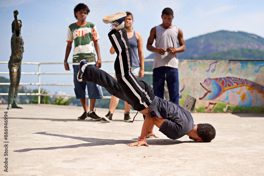 Fototapeta premium Group, break dancing and friends in park or outside, hip hop and art and movement for freestyle performance. People, social and music and energy or entertainment, dancer and urban culture or talent