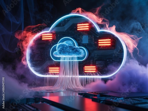 Neon Cloud Computing Symbol With Circuit Board Detail