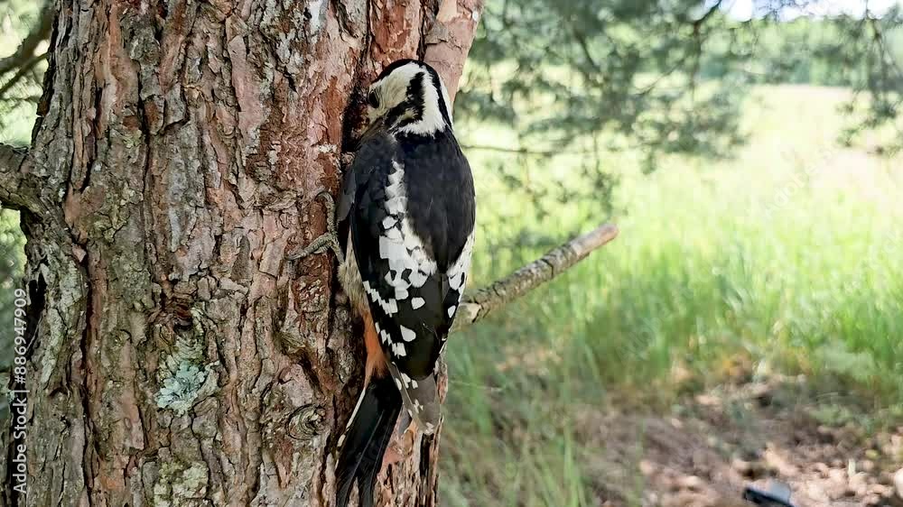 The large mottled woodpecker lat. Dendrocopos major is a bird that brings a cone to a tree, fixes it in a crevice and pecks out the seeds.