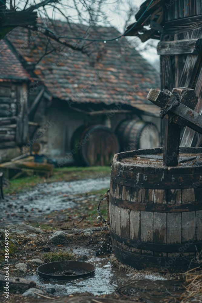 Wooden barrel near wooden building Wooden barrel near wooden building
