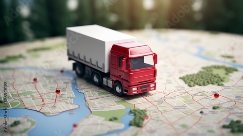 Gps tracking from top view moving truck with container on a map.