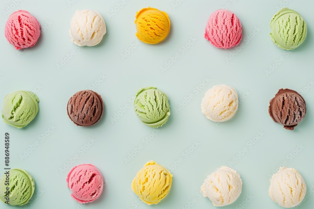 Vibrant top-down view of assorted gelato flavors in various colors, beautifully arranged and tempting. Beautiful simple AI generated image in 4K, unique.
