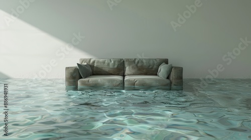 A floating couch in an empty room symbolizes severe water damage, highlighting the impact of flooding and the need for immediate restoration services. photo