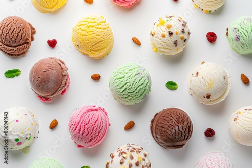 Vibrant top-down view of assorted gelato flavors in various colors, beautifully arranged and tempting. Beautiful simple AI generated image in 4K, unique.