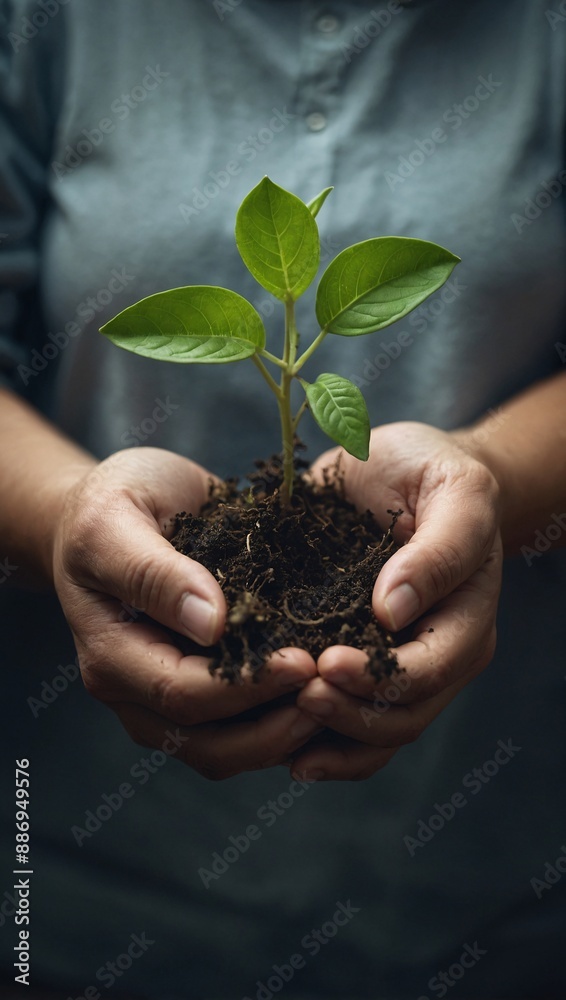 Ecological concept, hands holding a thriving plant Ecological concept, hands holding a thriving plant
