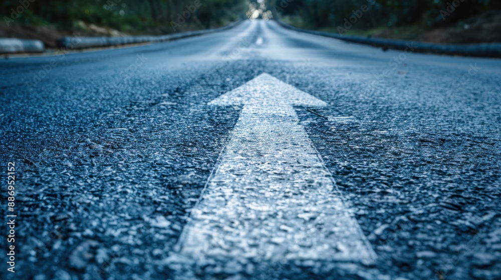 An asphalt road stretches into the distance with a painted white arrow ...