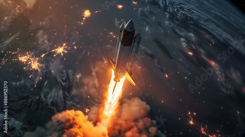 a dramatic and powerful photograph of a rocket launching into space from a top-down perspective