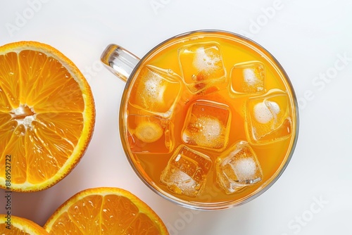 A refreshing glass of orange juice with ice cubes, perfect for a hot summer day or as a revitalizing beverage any time