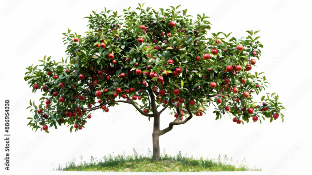 A realistic photo of an apple tree with lush green leaves and ripe red apples, set against a pure white background A realistic photo of an apple tree with lush green leaves and ripe red apples, set against a pure white background
