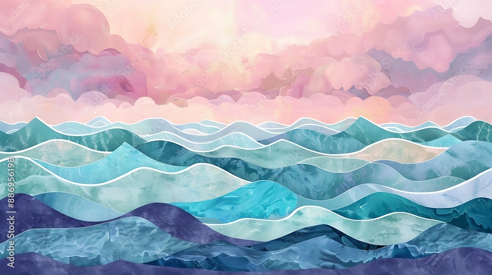 Minimalistic seascape with waves in shades of teal and turquoise, against a backdrop of soft pastel pink and lavender clouds. Minimalistic seascape with waves in shades of teal and turquoise, against a backdrop of soft pastel pink and lavender clouds.