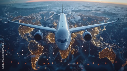 Global network connectivity  airplane on world map for data transfer, business, telecommunication