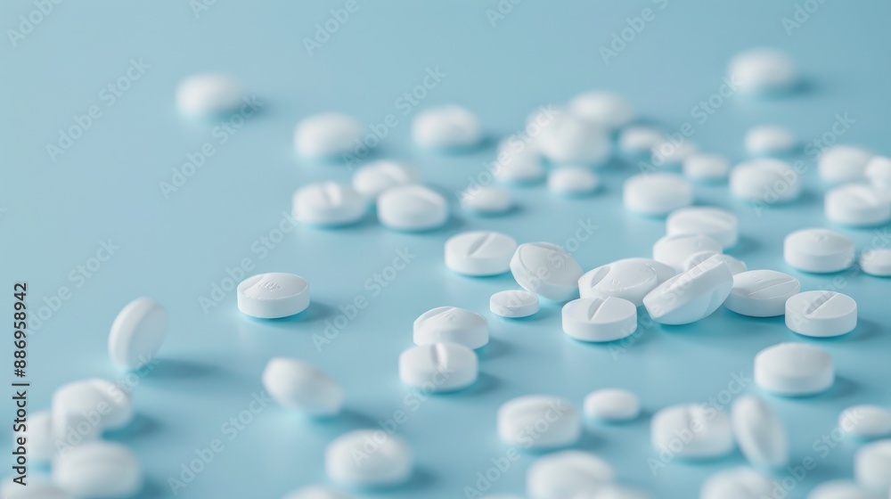 Pharmaceutical product on light blue background with room for text Involves Covid 19 Pharmaceutical product on light blue background with room for text Involves Covid 19