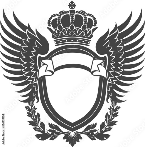 Vector illustration of a shield with eagle wings or angelic wings. Winged coat of arms emblem with royal crown and ribbon, isolated on a white background.