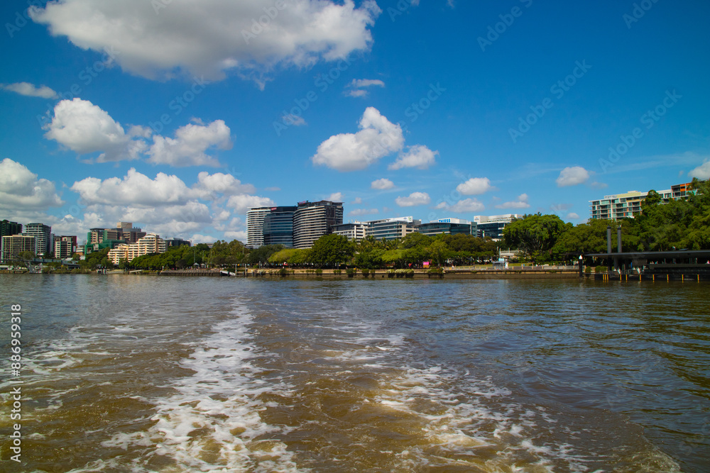 Fototapeta premium Centro de Brisbane, pontes, prédios e roda Gigante