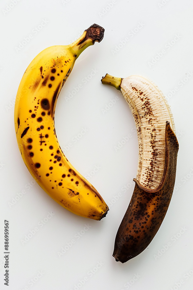 Two bananas on a white background, one ripe and the other overripe, illustrating different stages of the fruit. Two bananas on a white background, one ripe and the other overripe, illustrating different stages of the fruit.